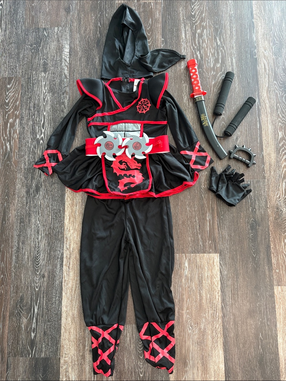 Kids Black & Red Ninja Costume with Hood and Accessories